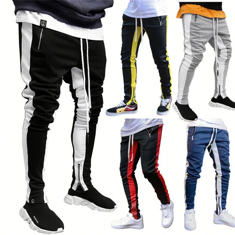style elastic waistband side tape wind striped pants men polyester track pants joggers