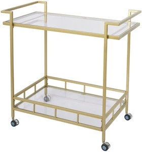 SWT Modern Gold 2 Tiers Home and hotel metal gold mobile Bar Cart Trolley Metal Furniture With Wheels