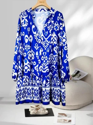 Vintage Geometric Print Long Sleeve Knitted Shirt Dress for Women Breathable Modest with Buttons Spring Summer Autumn Winter