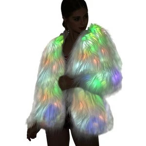 White Faux Fur Coat For Women Led Light Up Glowing Outwear XS XXL Fluffy Long Sleeve Jacket For Rave