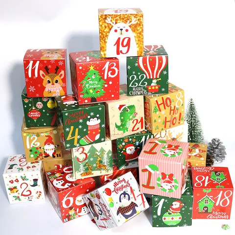 Wholesale YJC-f02 24 Pcs/ Set Christmas Advent Calendar Candy Chocolate Box Christmas Countdown Digital Gift Paper Box