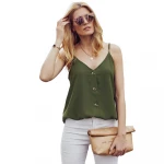 Women summer white solid loose tank thin shoulder strap button decoration tops bulk