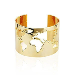 World Map Travel Cuff Bracelet Stainless Steel Fashion Jewelry Accessory Holiday Gift Yellow Gold Plated