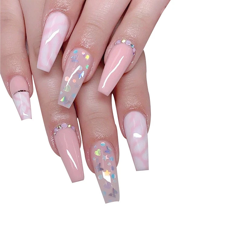 Yes pre design coffin shape fancy pale pink background colorful pentagram white marble abs artificial fingernails