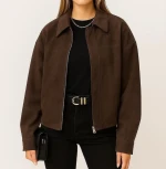 Women's Handmade Brown Genuine Suede Leather Jacket - Motorcycle Outerwear Zip-Up Coat