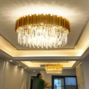 Luxury Round Gold Crystal Ceiling Light Modern Rectangle Crystal Pendant Chandelier Lamp