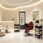 Minimalist Wood Grain Reception Desk With Ambient LED Light Modern Front Counter For Beauty Salon Spa Nail Salon