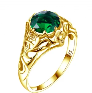 Genuine 925 Silver Rings for Women, Gemstone (24K Gold Plated 2ct Emerald))