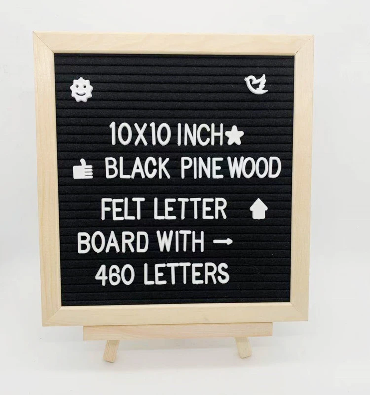 10 x 10 Inch Black Felt Letter Board with Solid Pine Wood Frame with 460 Precut White Plastic Alphabet Letters, Numbers Emojis