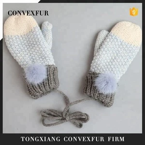 100% cotton knitted mittens for kids children winter fur pompom gloves