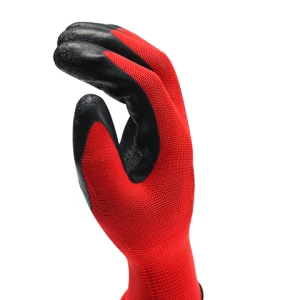 13 gauge red polyester shell with black latex coated on palm crinkle finish work gloves