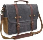 15.6 Inch Waterproof Mens Messenger Laptop Bag Vintage Genuine Leather Waxed Canvas Briefcase Large Satchel Shoulder Bag