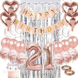 18,21,30,40,50,60,70,80Rose Gold Happy Birthday Party Supplies with Banner, Foil Balloon, Curtain,Cake Topper,swirl Set