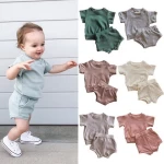 2 Pcs Kids Fashionable Clothing Children Custom Unisex Short Sleeve Set Solid Color Baby Clothes for Summer