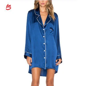 2018 Women Summer Sexy Silk Satin Pajamas Nightgown Ladies Long Sleeve Night Shirts