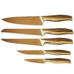 2020 new design hollow handle titanium gold color plating mirror finishing 5 pcs kitchen knife set