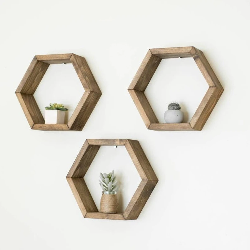 2020 New Product Farmhouse Home Decor Wooden Hexagon Wall Display Shelf