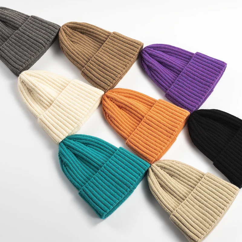 2021 Fashion unisex blank pure color winter custom woven winter knitted beanie hat custom logo