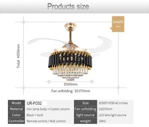42 inch golden luxury acrylic retractable dc bldc remote control invisible crystal chandelier ceiling fan