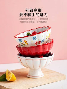 5 Inch Ceramic Footed Dessert Bowl Japanese Style Idyllic Series Suit for Ice Cream Fruit Snack Hand painted Floral Design