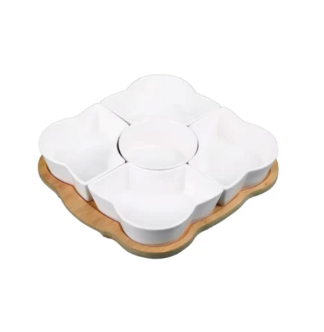 5Pcs Flower Shape Porcelain Serving Plates Wood stand