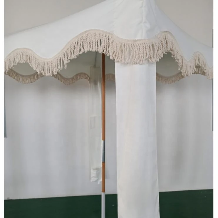 6ft Premium Canvas Canopy Portable Wooden Beach Shade Umbrella  Cool Beach Cabana with cotton fringes, sand anchor for outdoor