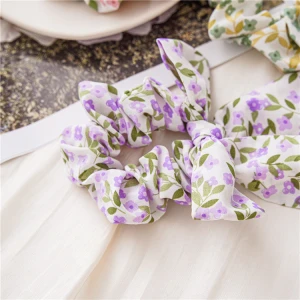 Amazon Hot Sale Bow-knot Hair Scarves Scrunchies Hair Ties Silk Satin Chiffon Scrunchie Ponytails Flower Pattern Head Rope Accs