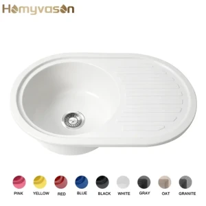 Artificial Granite Circular Round Quartz Stone Quartz Composite White Kitchen Sink With Drainboard