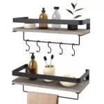Bathroom Shelf with Rail with Towel Bar and 5 Hooks, Decorative Storage Shelves for Kitchen, Bathroom, Living Room, Bedroom