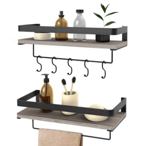 Bathroom Shelf with Rail with Towel Bar and 5 Hooks, Decorative Storage Shelves for Kitchen, Bathroom, Living Room, Bedroom