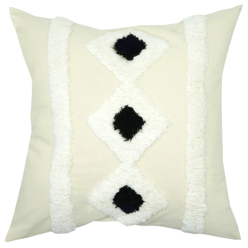 Boho Tufted Cotton Woven Decorative Lumbar Throw Pillow Covers Set, Simple Design Cushion Cover 18x18 Inches (Black Off White)