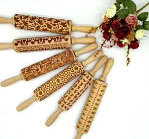 Christmas patterns wooden rolling pin embossing Baking Cookies Noodle Biscuit Fondant Cake Dough Patterned Roller