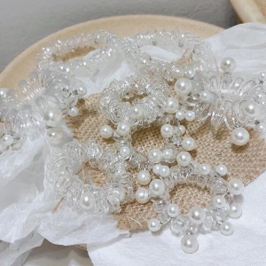 Clear telephone wire ponytail holder studded with pearl hair band Elastic scrunchy hair tie Wholesale hair accessories