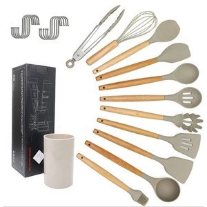 Color Box Package Heat Resistant Silicone Utensil Set Kitchen Mixing Tools With Wall Hanging