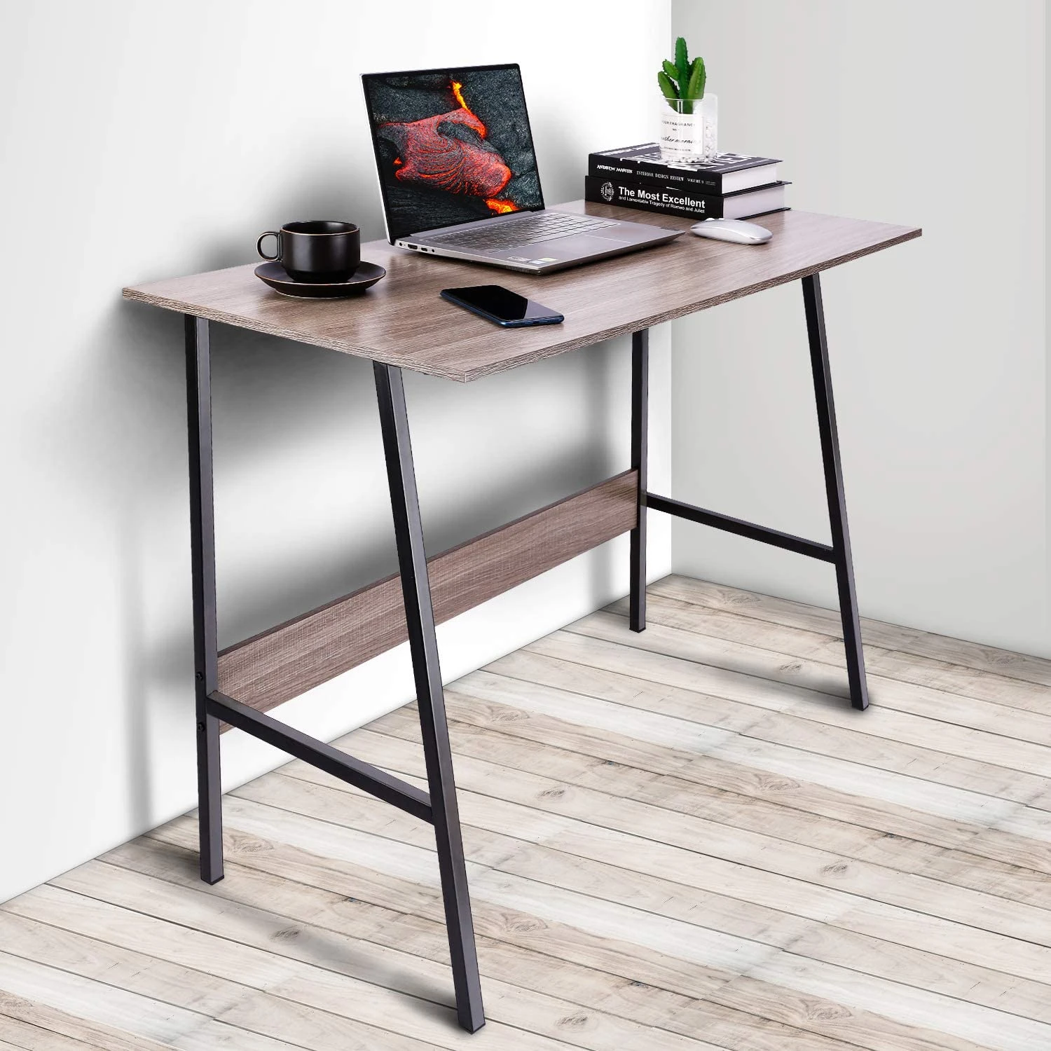 Combohome Laptop Study Table 39" Computer Writing Desk Home Office Desk with Wood Block Support Modern Student Desk Brown