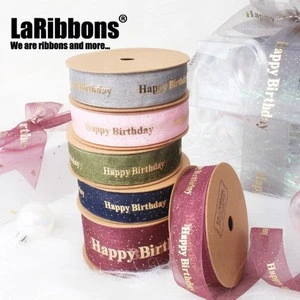 Custom gift ribbon Happy Birthday gold color foil Printed ribbon organza ribbon