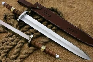 Custom Handmade Damascus Steel Hunting Sword (Hand Forged)  with Brass Spacer and Steel Guard and Wooden Handle