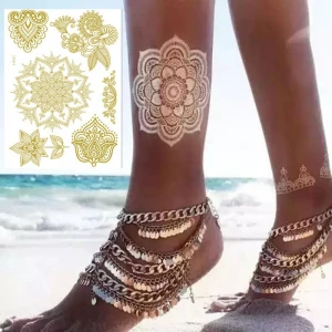 Custom Long Lasting OEM Gold Silver and flourecent Water Transfer Indian and Henna Temporary Body Tattoo Sticker