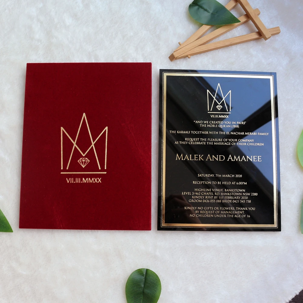 Doc Wedding Invitations Luxury Black Acrylic Invitation Card with Gold Foil Velvet Envelope