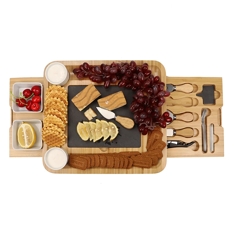Double Drawer Charcuterie Platter And Serving Meat Cheese Board Wooden Food Chop Bamboo Cheese Board With Knife Set