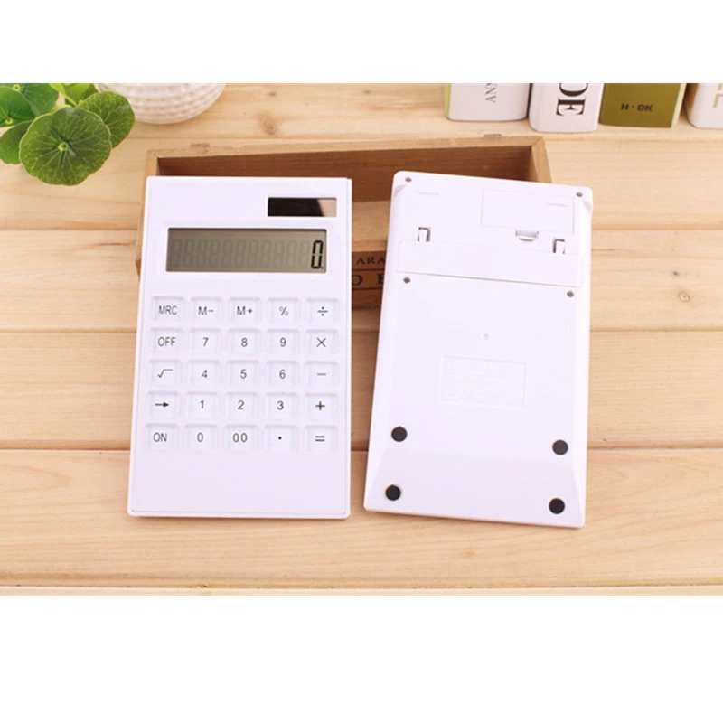 Dual Power Crystal Button Ultra Thin Simple White Solar Office Calculator