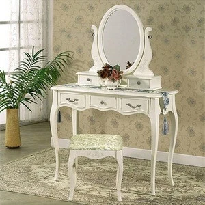 European Beauty White Wood Bedroom Mirrored Dressers vanity table set