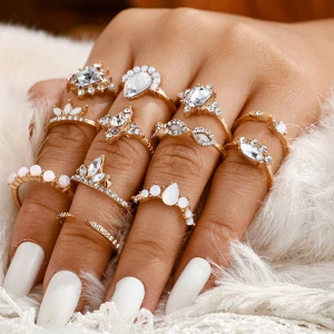 Fashion vintage ring drop set diamond ring rhinestone gold finger ring wedding accessories 12pcs/set