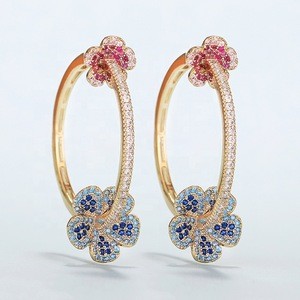 Fashion wedding jewelry flower design hoop earrings full pave cubic zirconia hypoallergenic earrings