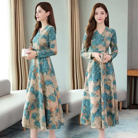 Fashion women clothes long sleeve hot sale woman dress floral printed europe slim clothes women casual dresses