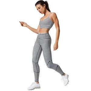 Fashion Yoga Wear Set Stripe Sublimation Printed Fitness Leggings For Women