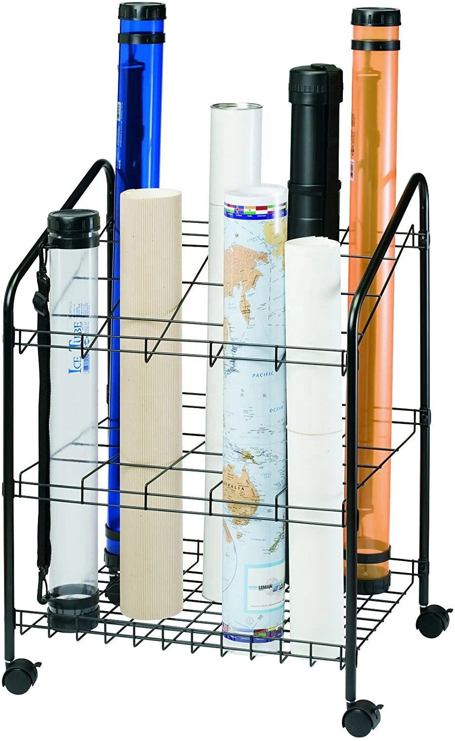 Free Standing Wire Bin Roll File Roll Maps Storage Rack Tubes Holder with Wheels