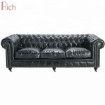 Furniture Factory Retro Black Couch 3-Seater Chesterfield Sofa For Hotel