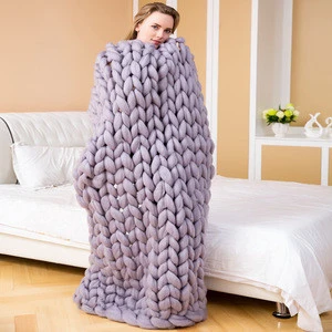 Gray Color 100% Chunky Knitted Soft Pure Merino Wool Throw Blanket