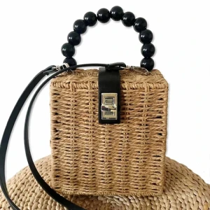 Hand-Woven Women Beaded Handle Straw Bag Beach Travel Crossbody Bag Female Small Hard Handbag